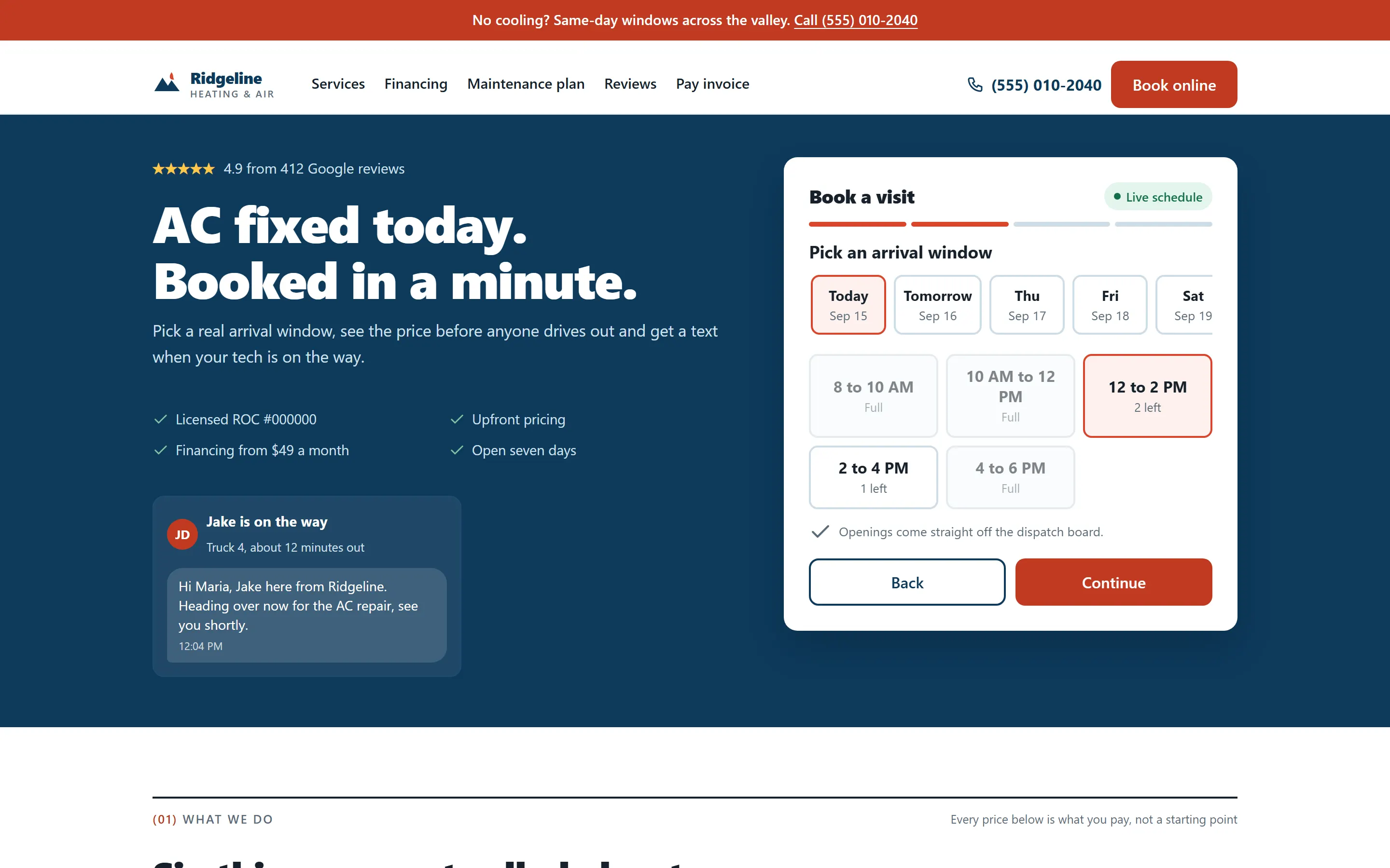 Booking widget showing open times for today, with two marked full