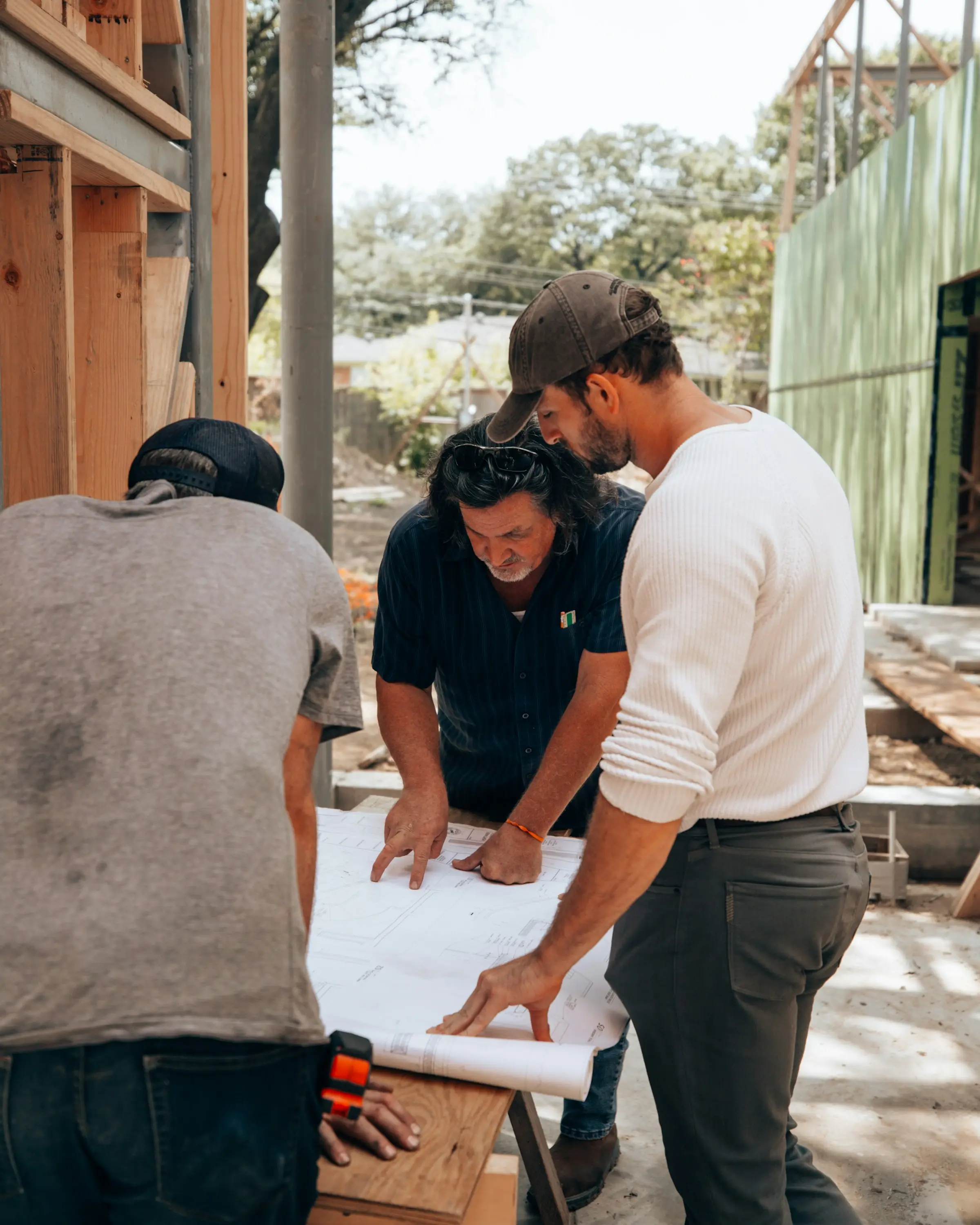 A contractor crew going over plans on a job site