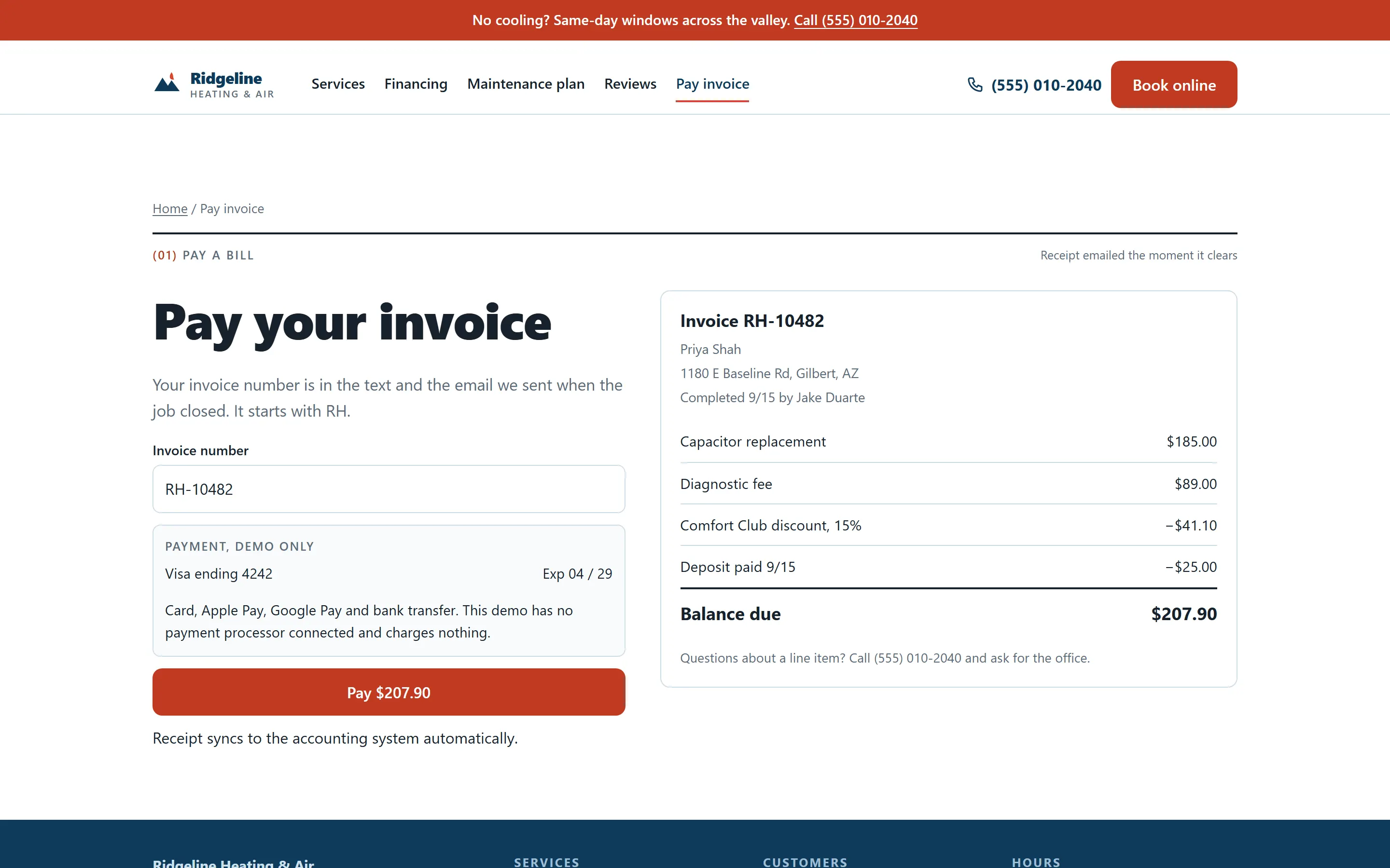 Invoice page with line items, a discount, the deposit applied and the balance due