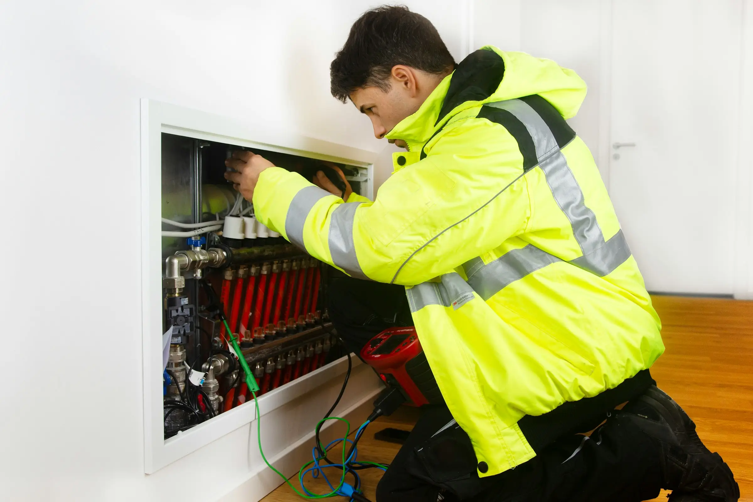 An HVAC technician working on a heating manifold
